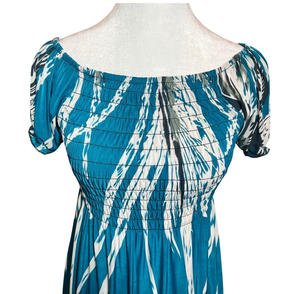 ❤️NWOT Teal Blue Maxi Dress Off Shoulder Short Sleeve Smocked Bohemian Medium - Picture 2 of 8
